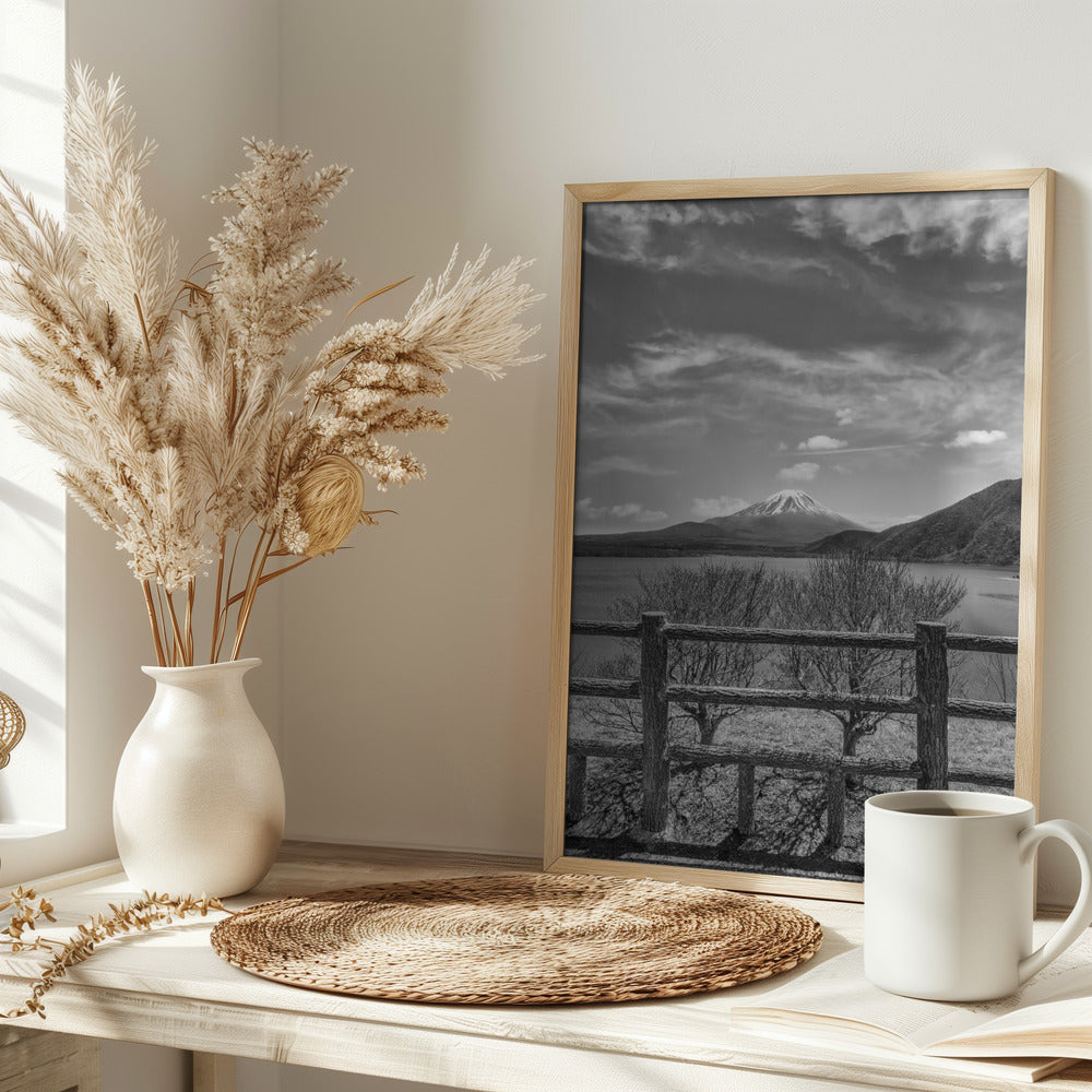 Lake Motosu with Mount Fuji - monochrome Poster