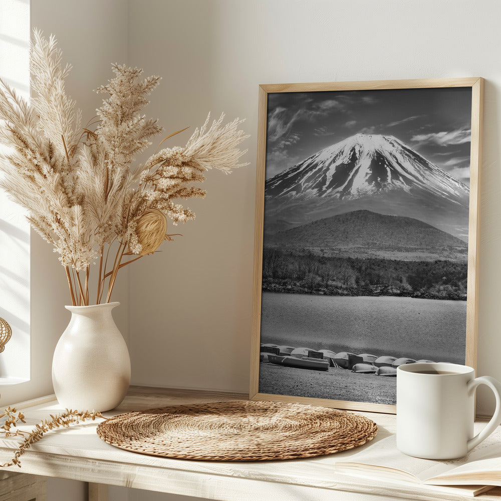 Picturesque Lake Shoji with striking Mount Fuji - monochrome Poster