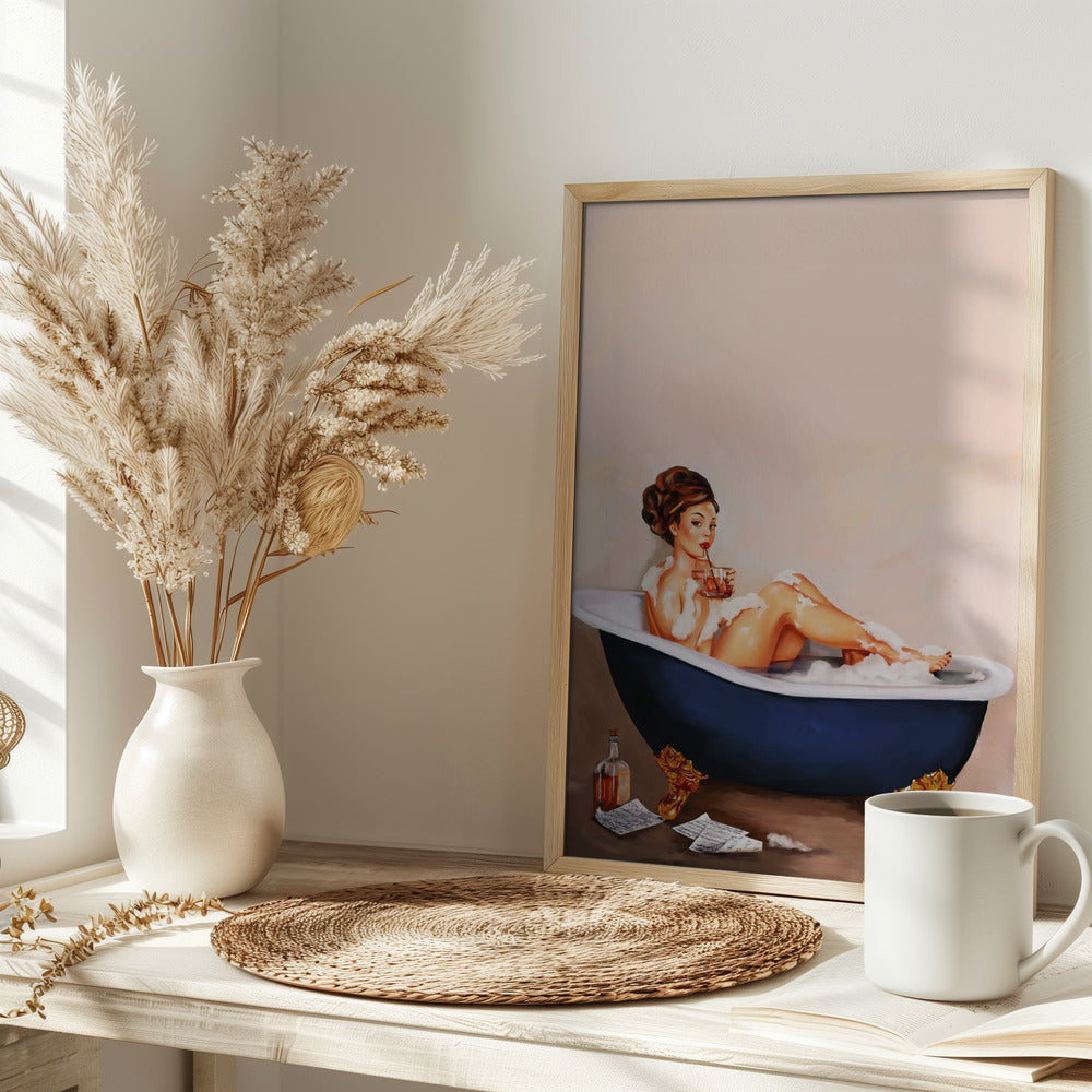 Bathtub Drinks: Pinup Girl Drinking In Bathroom Poster