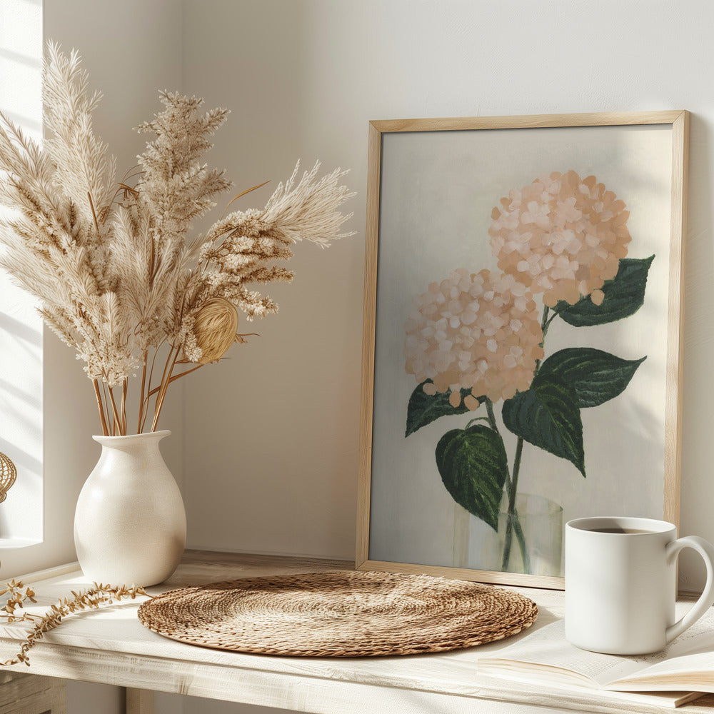 Coral hydrangeas in a vase Poster