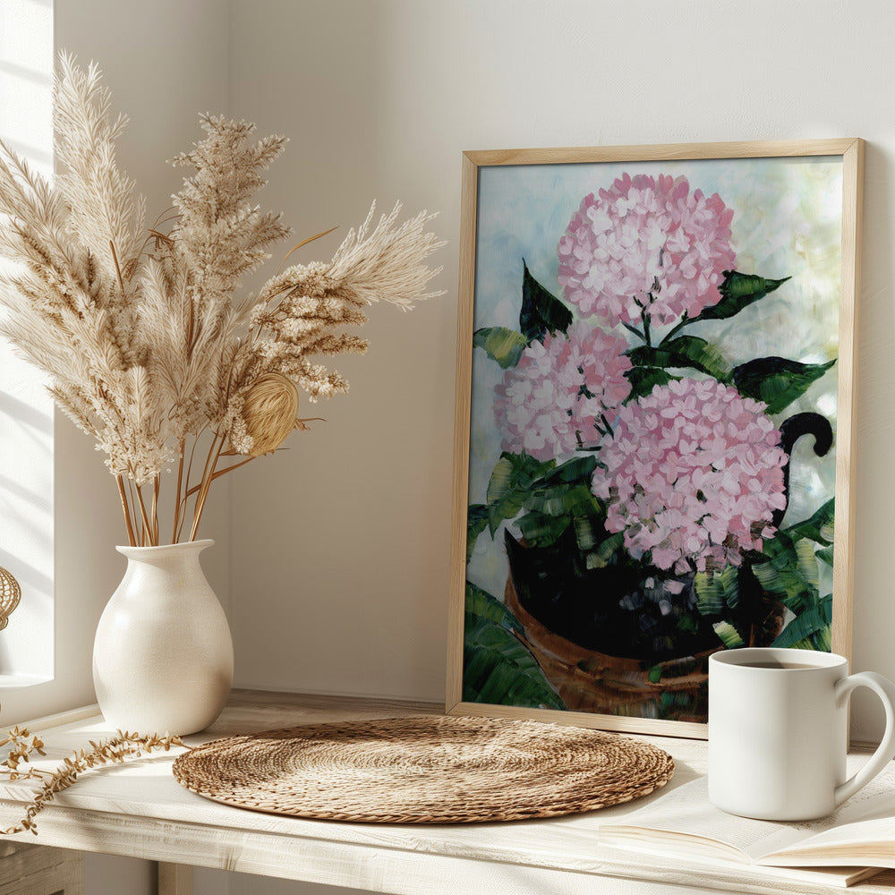 Potted pink hydrangeas Poster