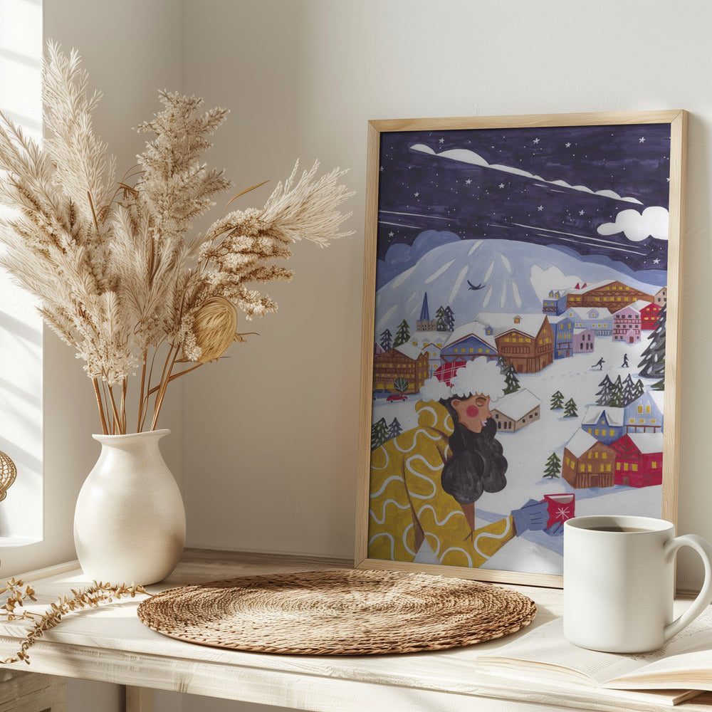 Winter Scene woman with coffee Poster