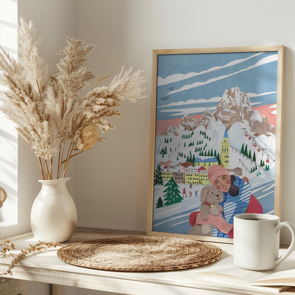 Winter Scene Woman and Dog Poster