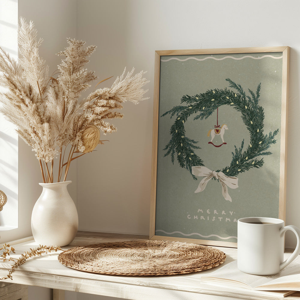 Horses toy on Christmas wreath with bow Poster