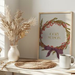 Cozy Season. Christmas wreath with bow Poster