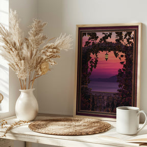 Sunset view with ornate &amp; gold burgundy frame Poster