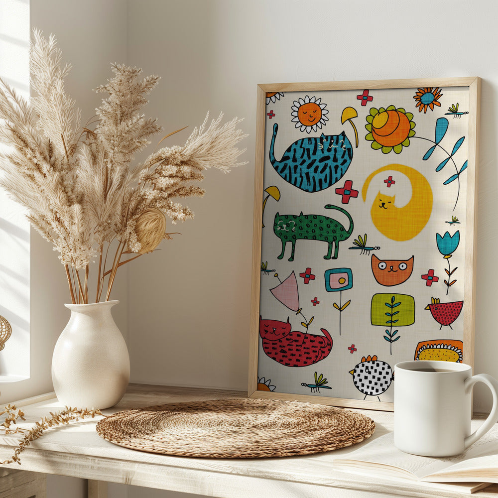 Spring Cat Beige - Cute Whimsical Cats with Flowers Poster