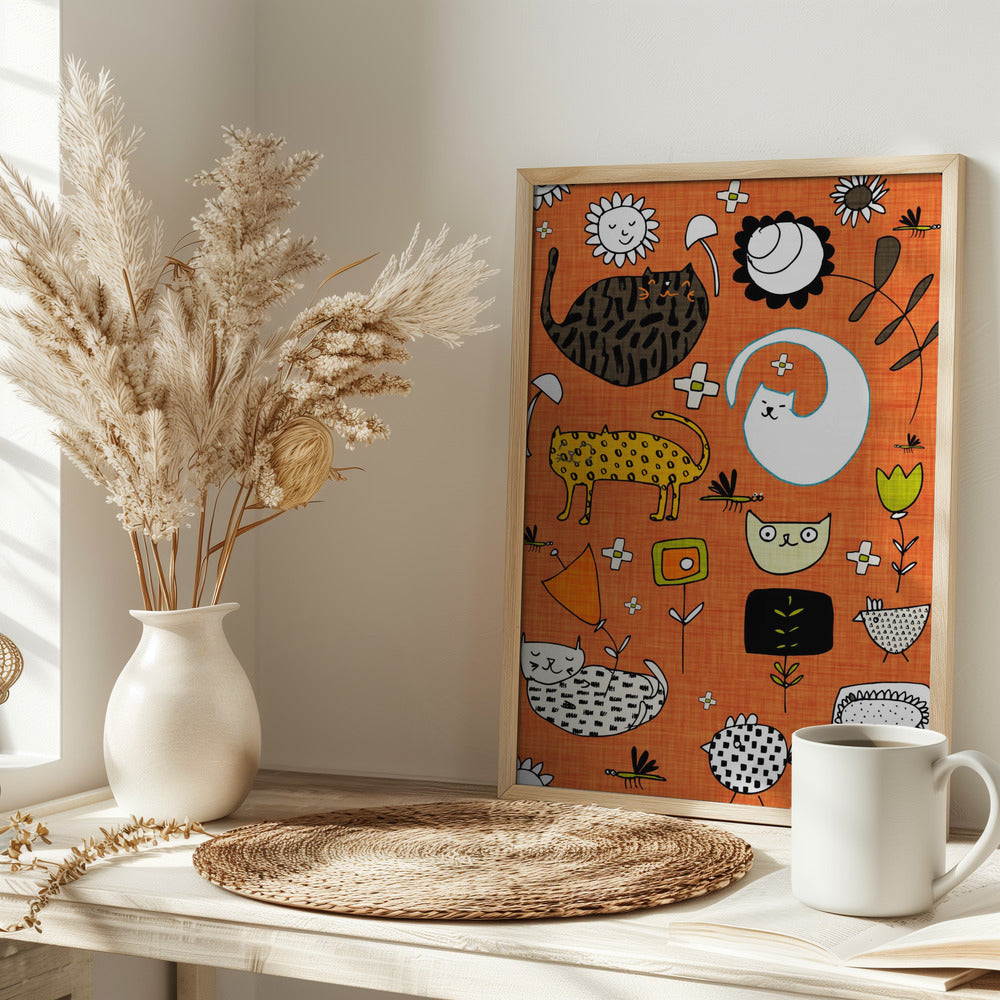 Spring Cat Orange - Cute Whimsical Cats with Flowers Poster