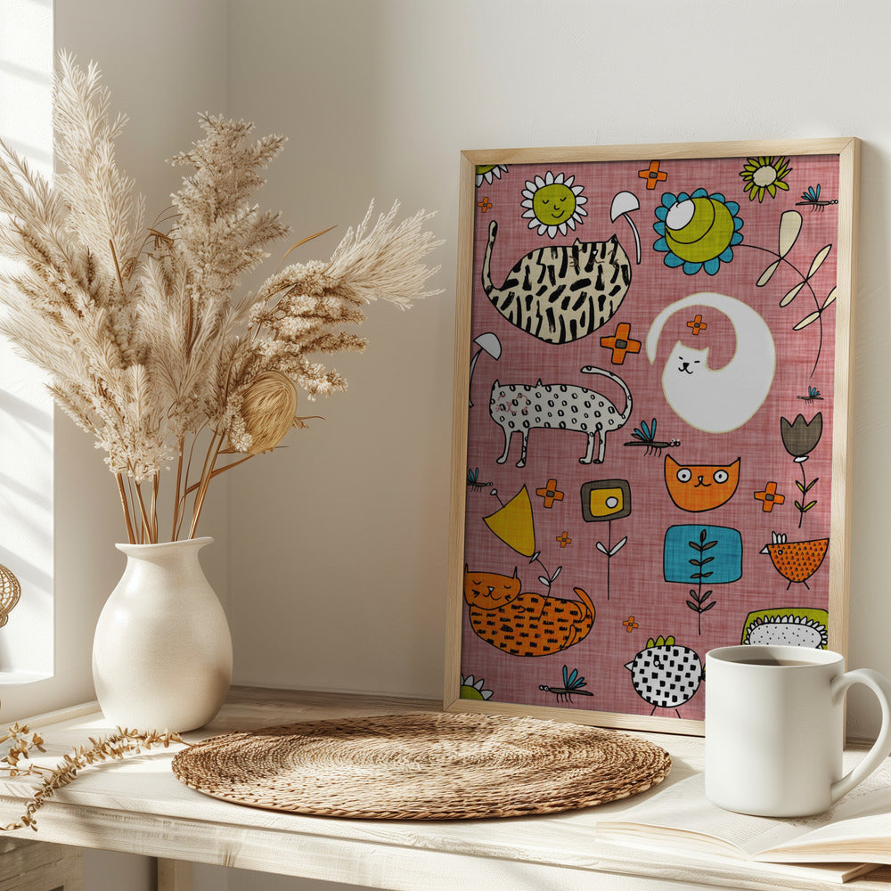 Spring Cat Pink - Cute Whimsical Cats with Flowers Poster