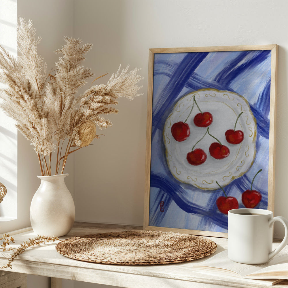 A Plate of Cherries Food Painting Poster