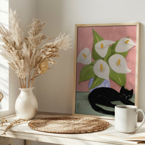 Lilies In a Vase and a Black Cat  - Still Life Illustration Poster