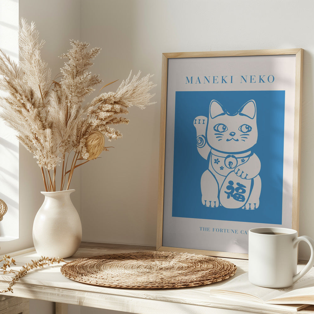 Maneki-neko Cat Blue Poster