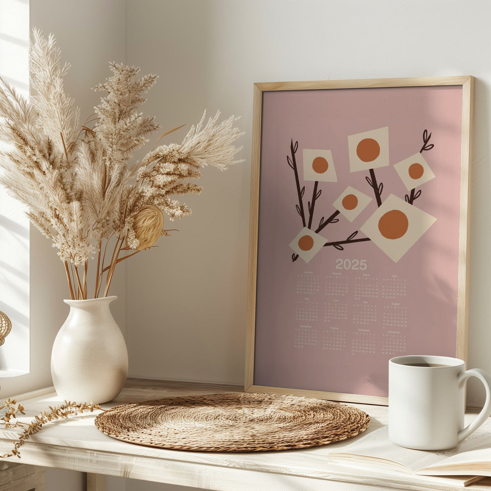 Sunburst Blossoms Pink 2025 Mid Century Calendar Poster