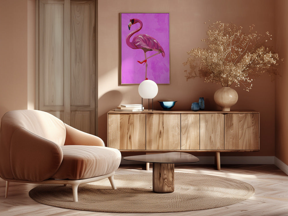 Flamingo in heels and heart glasses pink Poster