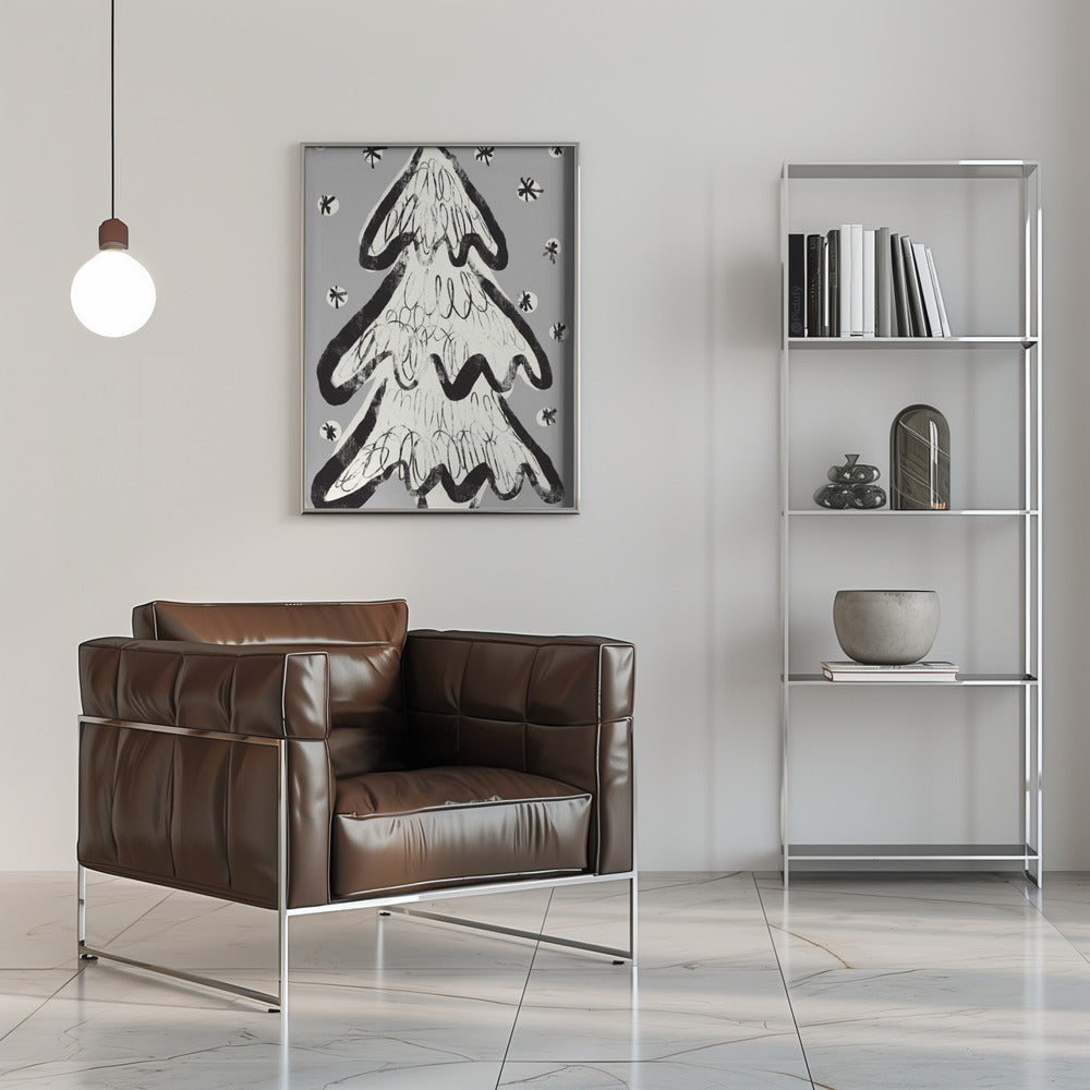 Christmas Tree And Snow Grey Poster