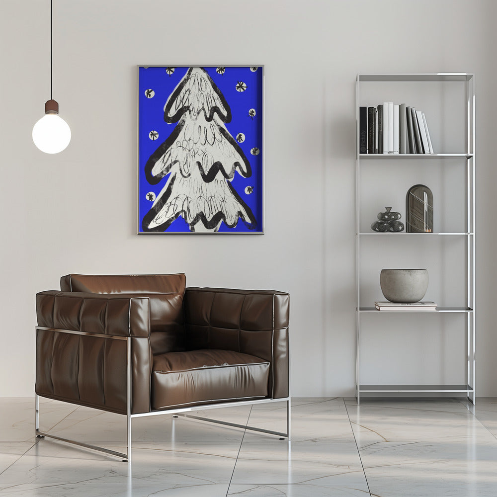 Christmas Tree And Snow Blue Poster