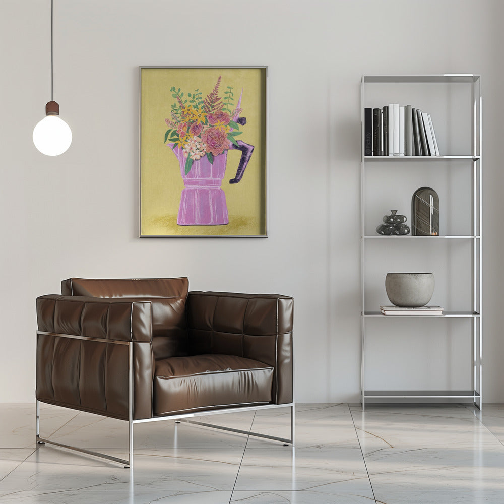 Espresso Maker with Flowers Poster