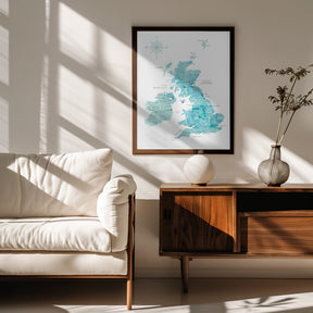 Aquamarine watercolor map of the United Kingdom Poster