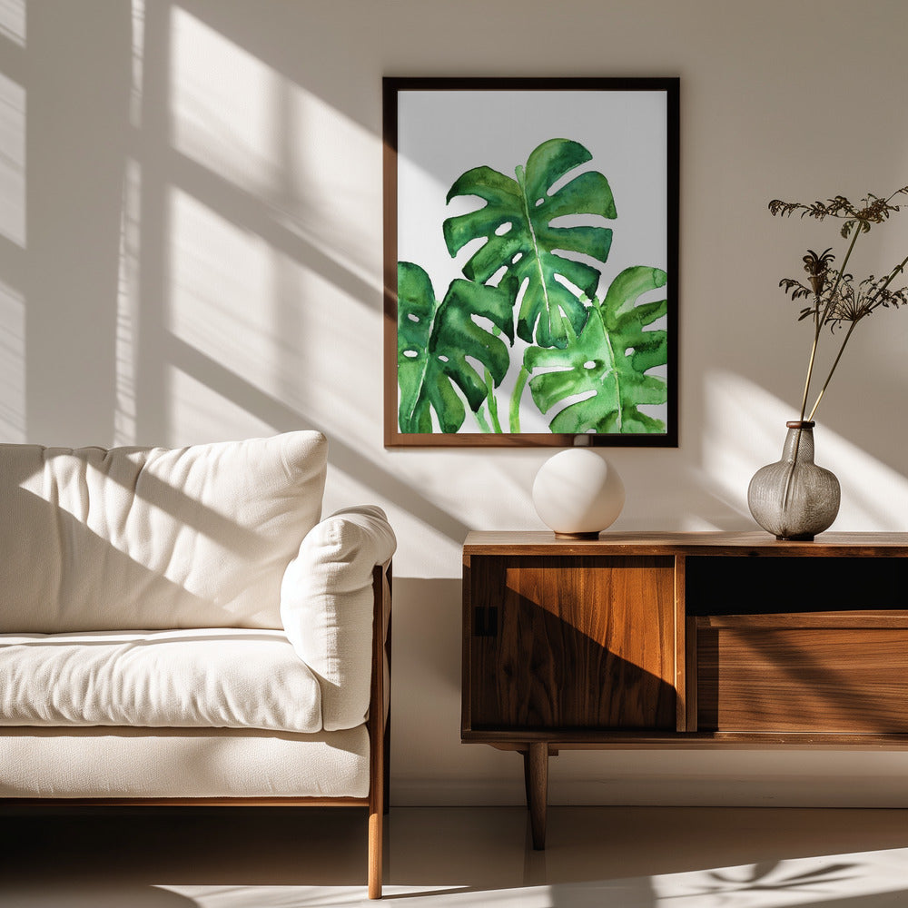 Monstera leaves in loose watercolor Poster