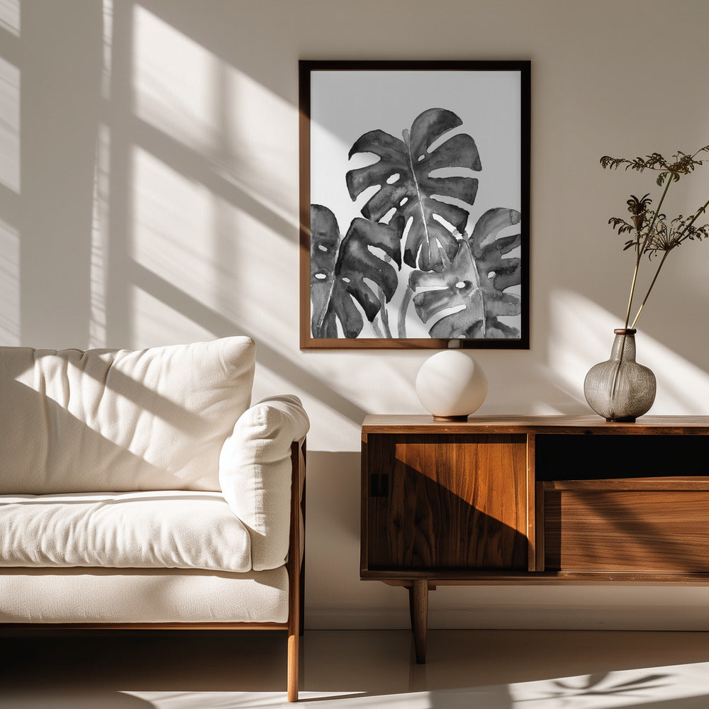 Monstera Leaves In Loose Watercolor Black and White Poster