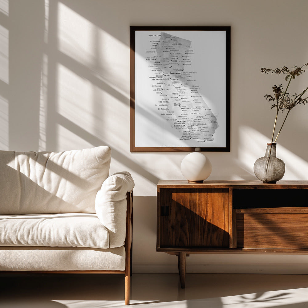 Grayscale watercolor map of California with cities Poster