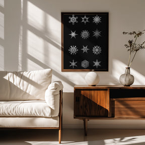 Twelve geometric snowflakes in black Poster