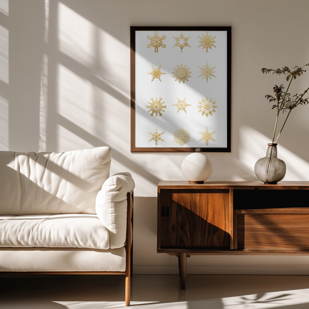 Twelve geometric snowflakes in gold Poster