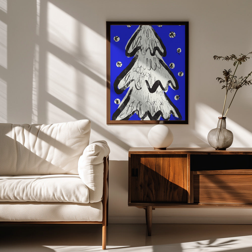 Christmas Tree And Snow Blue Poster