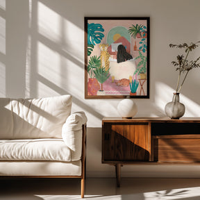 Woman taking bath in pink tropical bathroom Poster