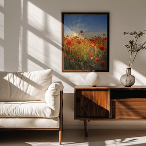 Gorgeous sunset in a poppy field Poster