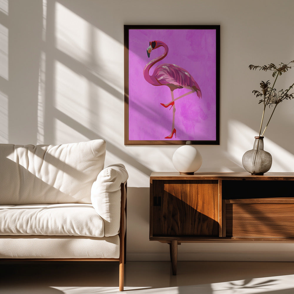 Flamingo in heels and heart glasses pink Poster