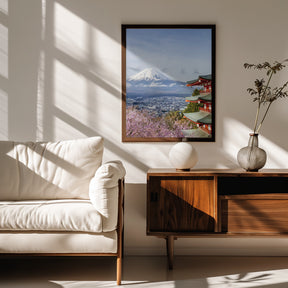 Unique view of Mount Fuji with Chureito Pagoda during cherry blossom season Poster