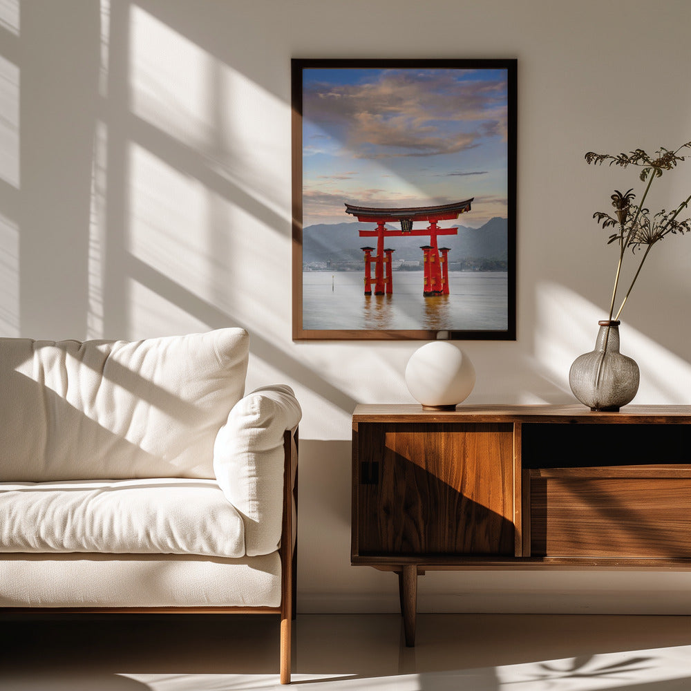 Vermilion Torii of Itsukushima Shrine on Miyajima in the evening Poster