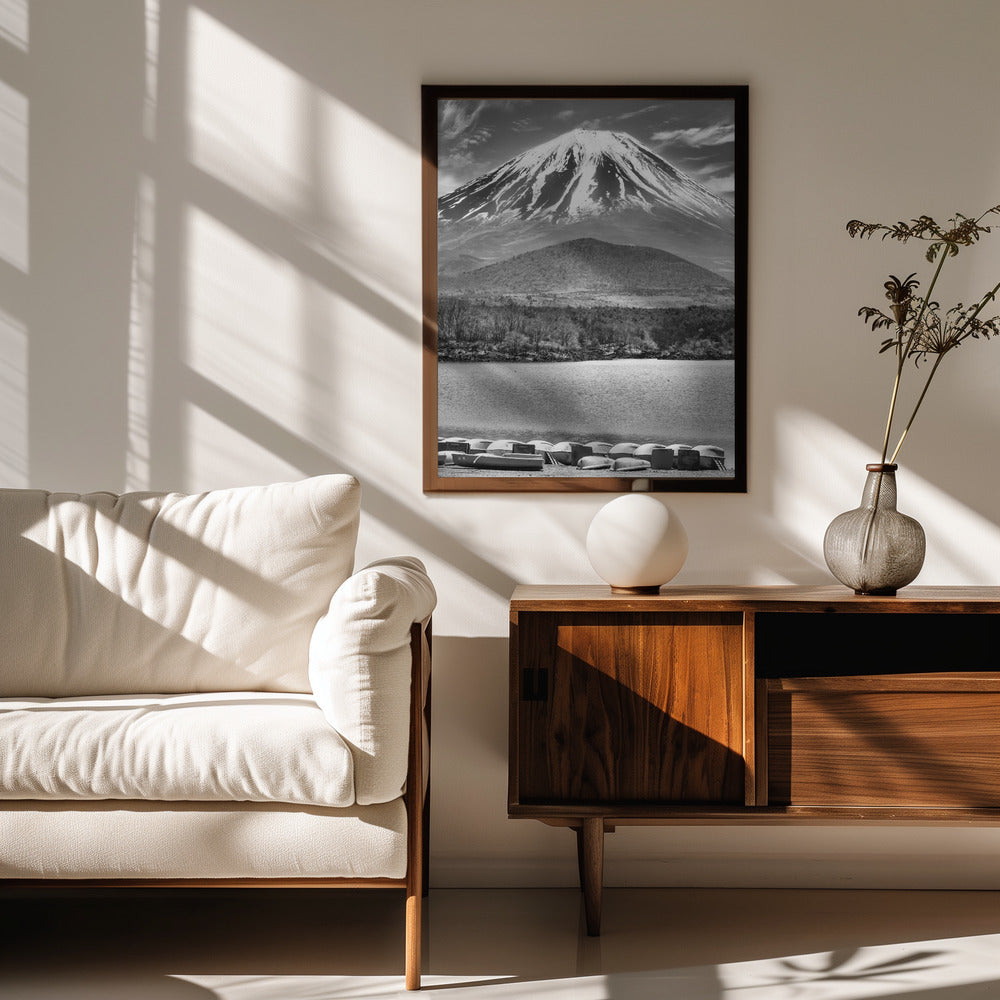 Picturesque Lake Shoji with striking Mount Fuji - monochrome Poster