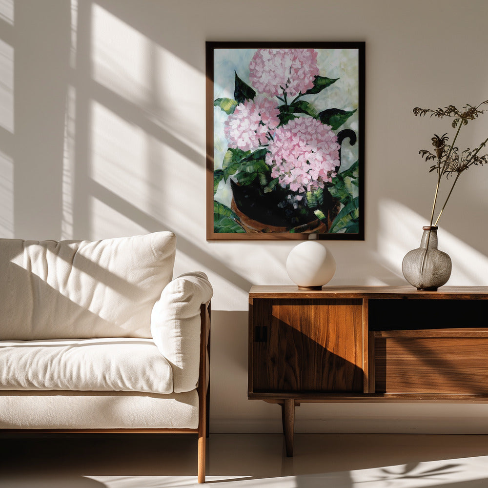 Potted pink hydrangeas Poster