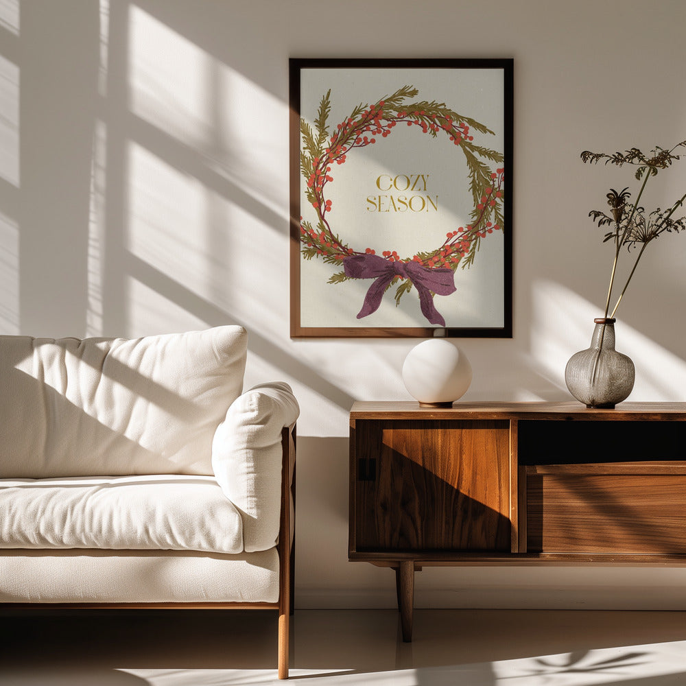 Cozy Season. Christmas wreath with bow Poster
