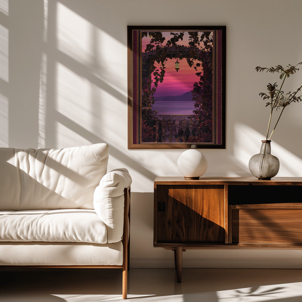 Sunset view with ornate &amp; gold burgundy frame Poster