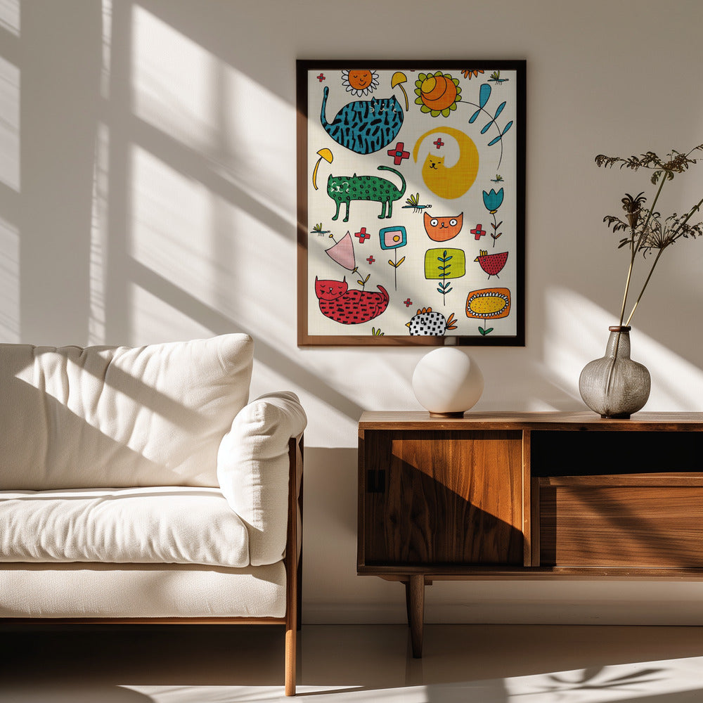 Spring Cat Beige - Cute Whimsical Cats with Flowers Poster