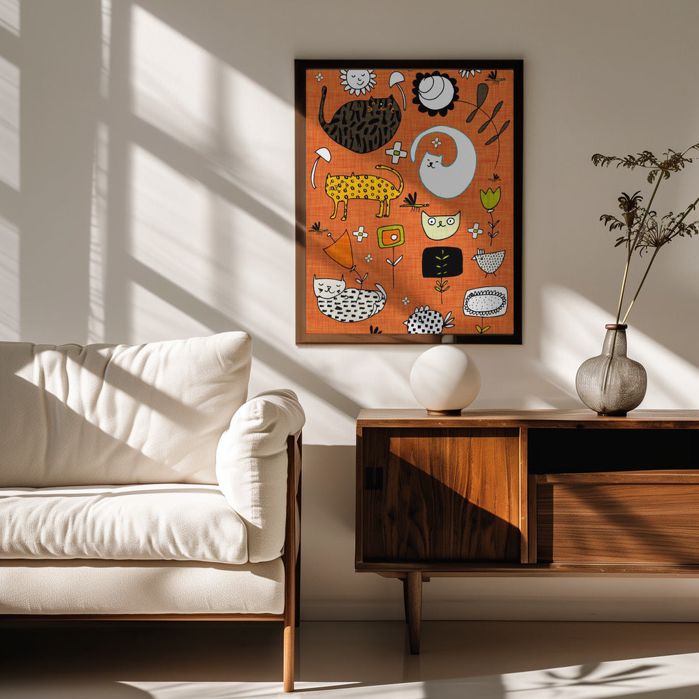 Spring Cat Orange - Cute Whimsical Cats with Flowers Poster