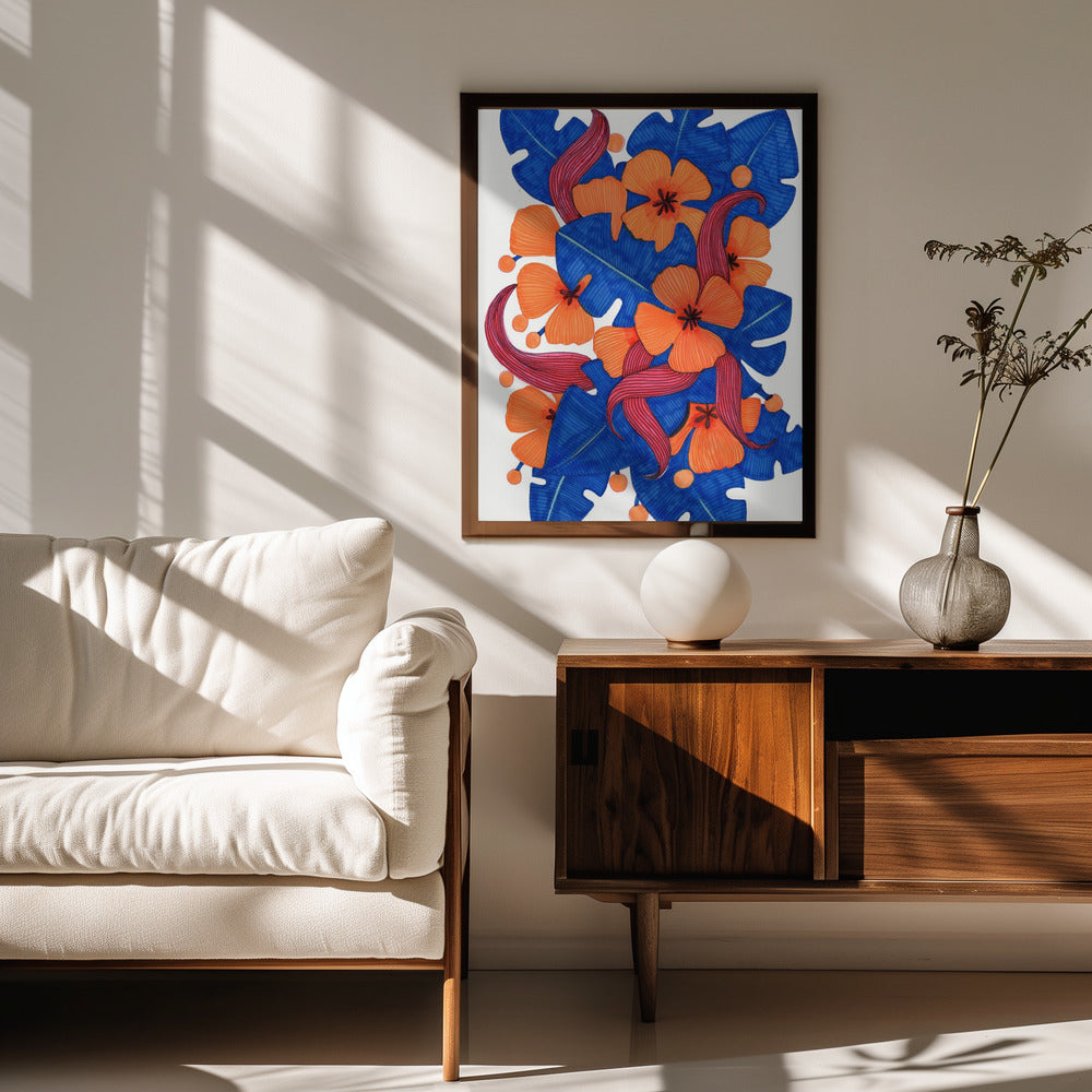 Hawaiian Orange and Blue Florals Poster