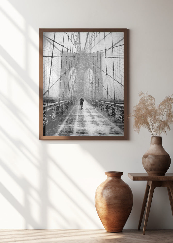 New York Walker in Blizzard - Brooklyn Bridge Poster