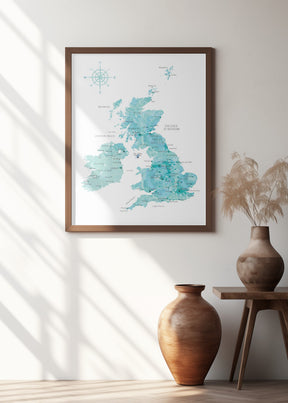 Aquamarine watercolor map of the United Kingdom Poster