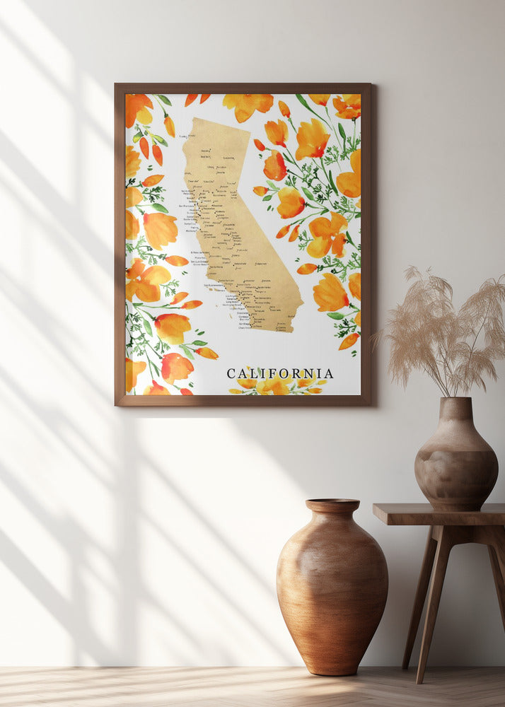 California map with watercolor poppies Poster