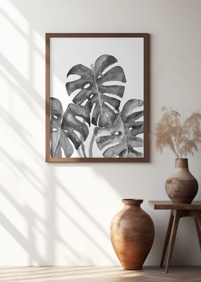 Monstera Leaves In Loose Watercolor Black and White Poster