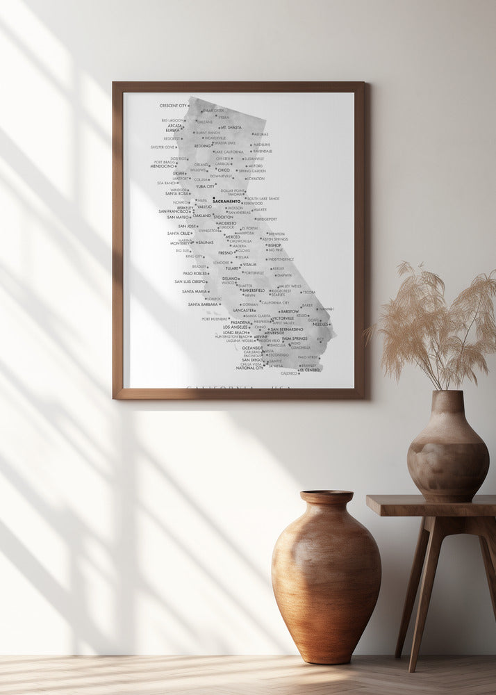 Grayscale watercolor map of California with cities Poster