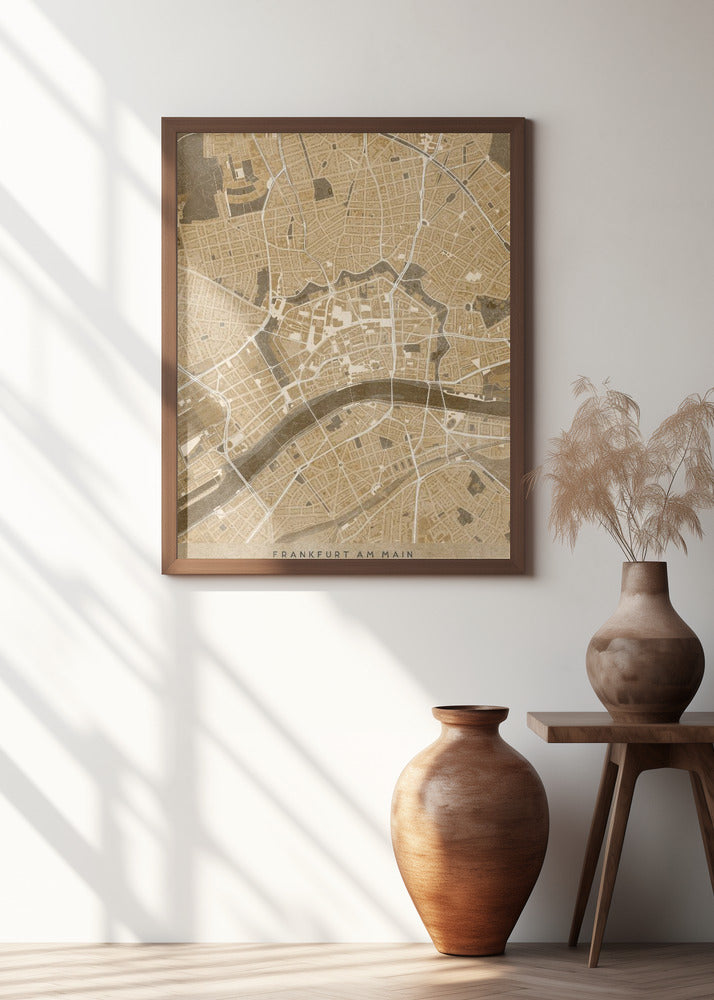 Sepia vintage map of Frankfurt downtown Germany Poster