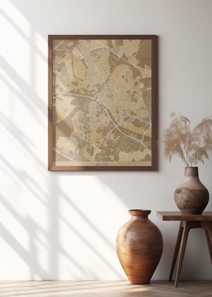 Sepia vintage map of Reims France Poster