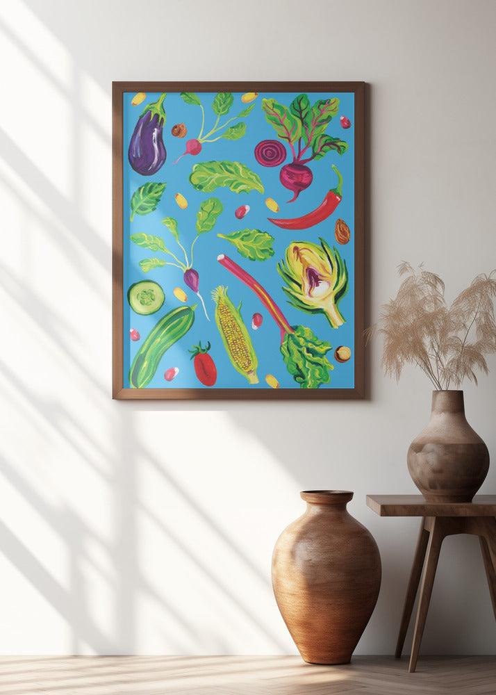 Spring Vegetables Blue Poster