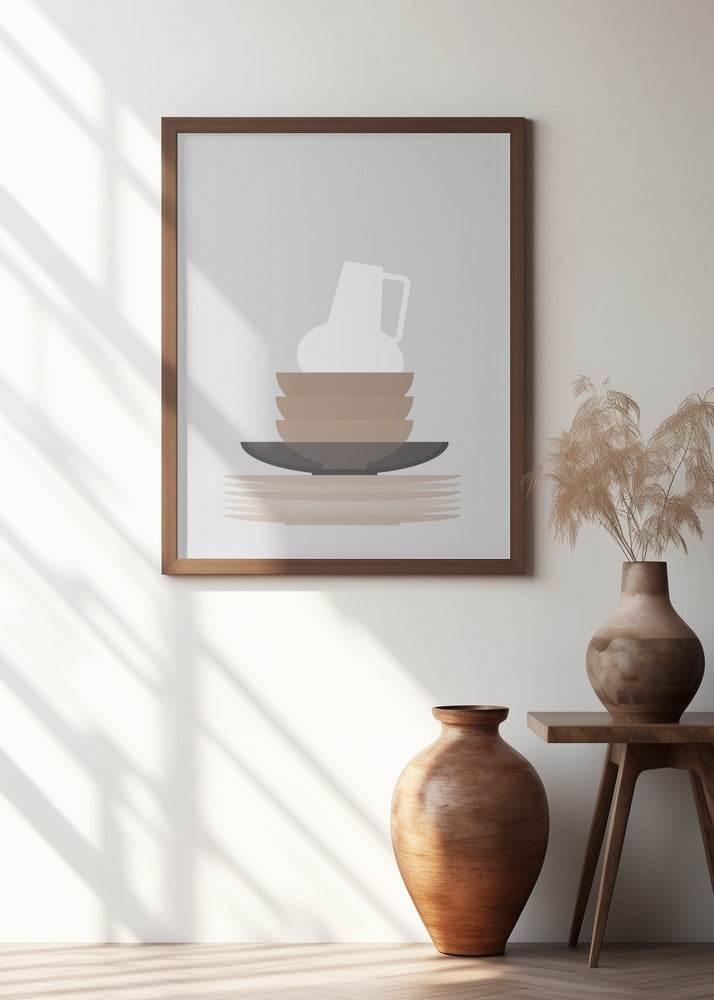 Dishes and vase in gray Poster