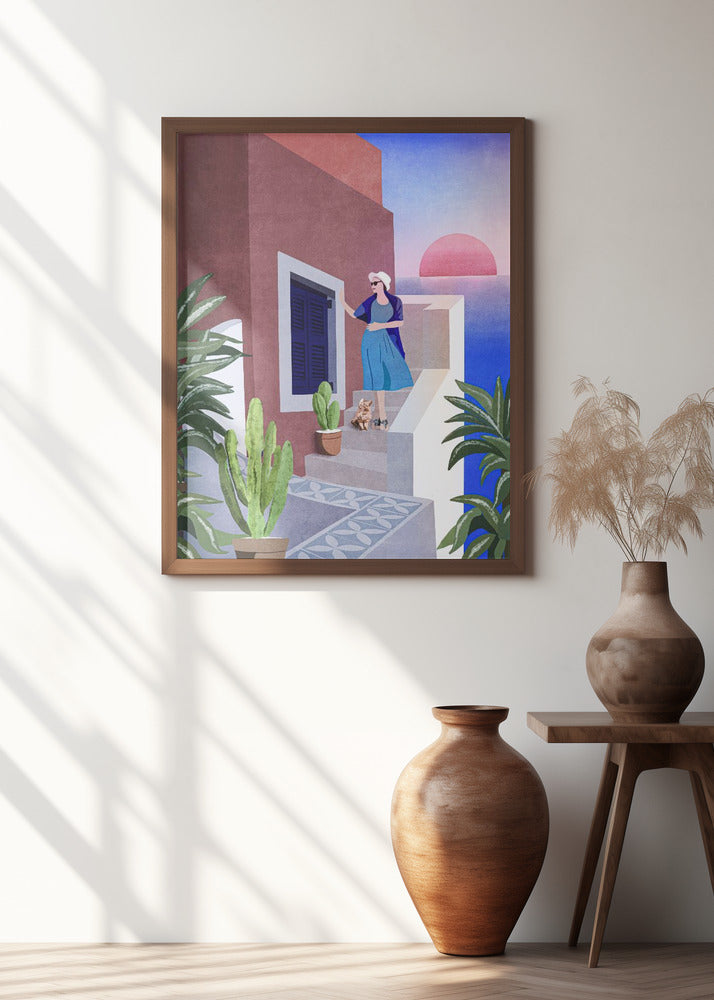 Lady and Cat In Santorini Poster